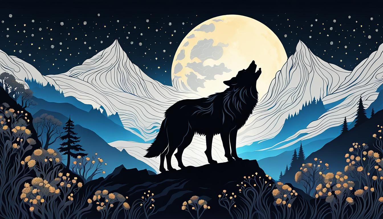 Wolf Howling at Moon on Mountain in Dark Fantasy