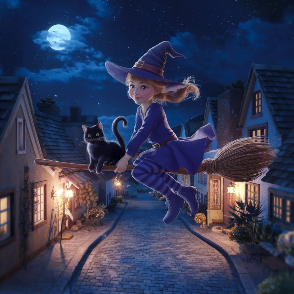 Whimsical Witch Soaring Over City at Night
