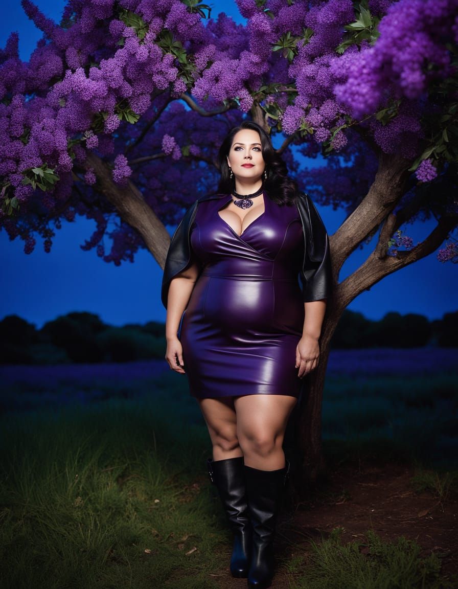 Elegant Woman Stands Under Blue Berries Tree in Moonlit Nigh...