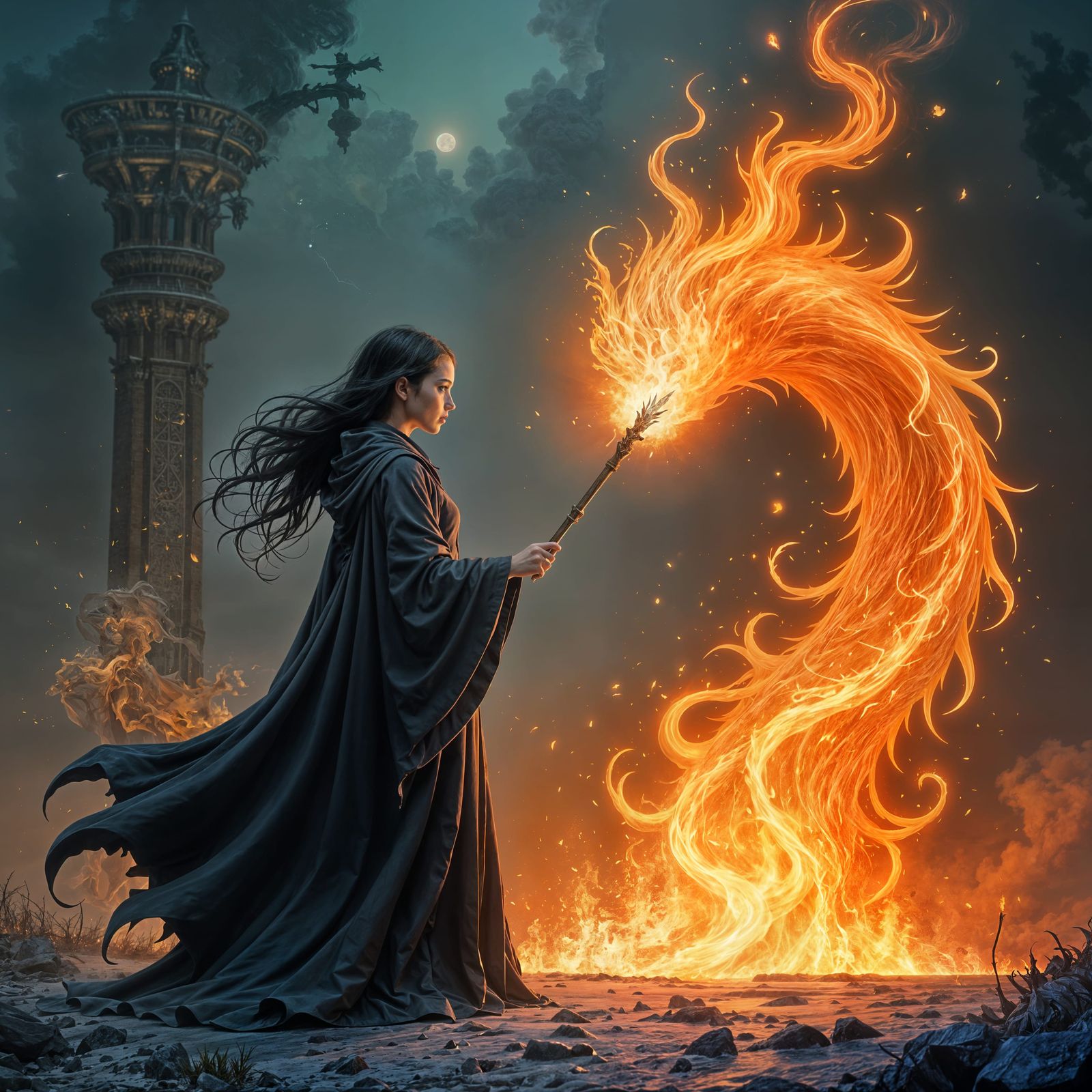 Sorceress Summons Fire Elemental with Magic Wand