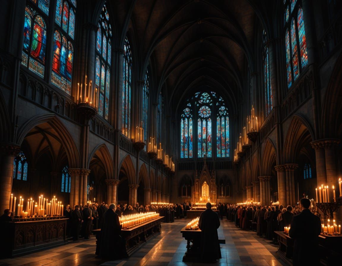 Gothic Cathedral Interior at Night: Photorealistic Oil Paint...