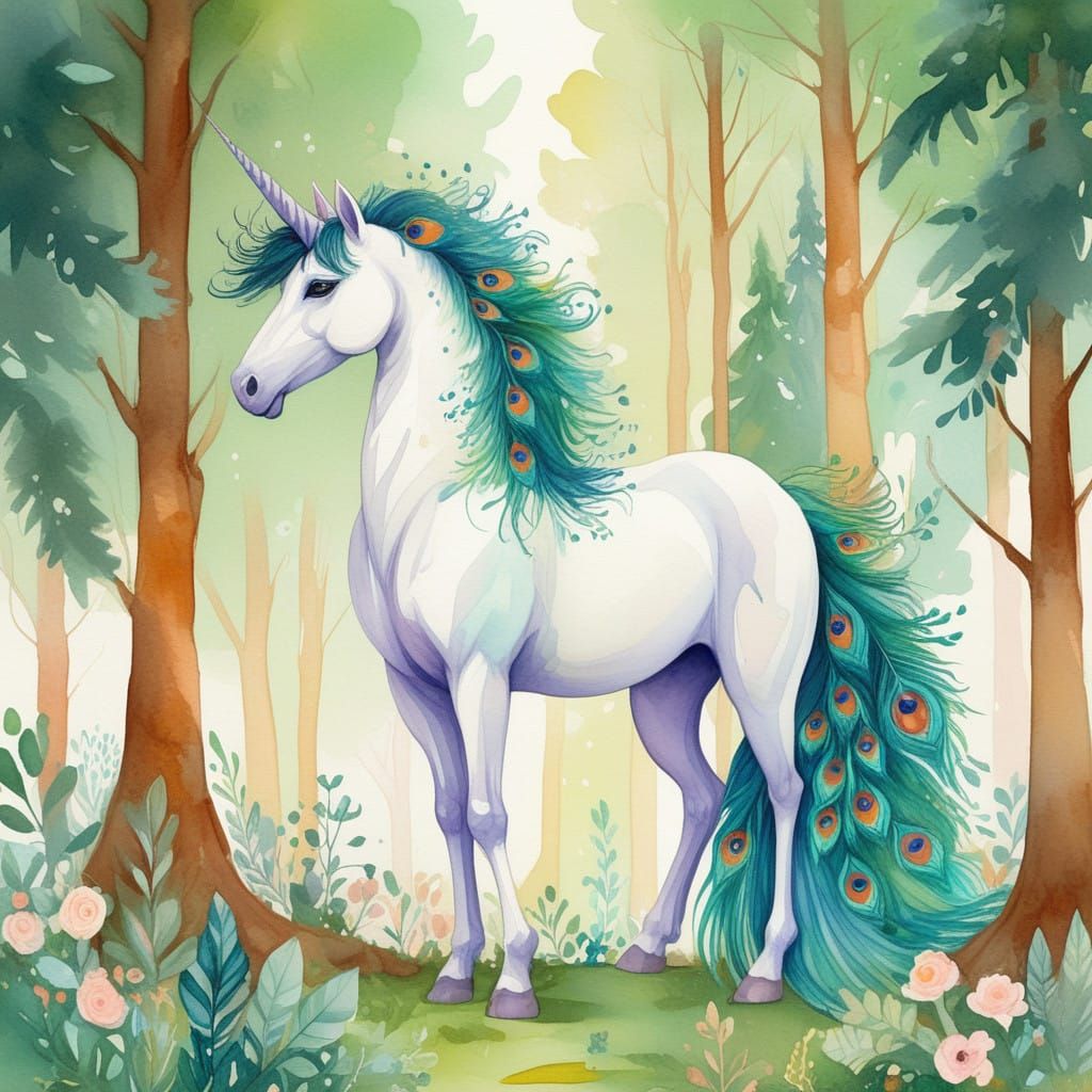 Ethereal Unicorn in Whimsical Forest Landscape