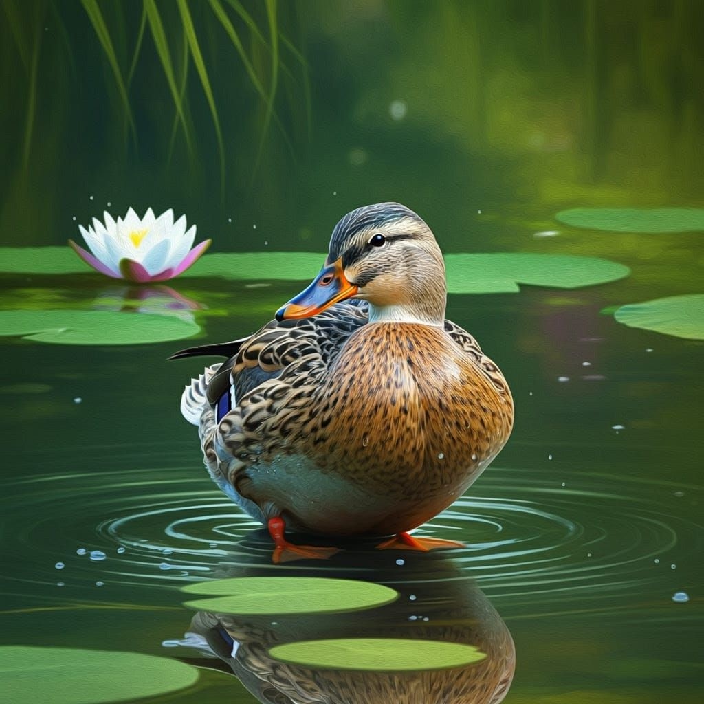 Serenely Standing Duck in Impressionist Pond Landscape
