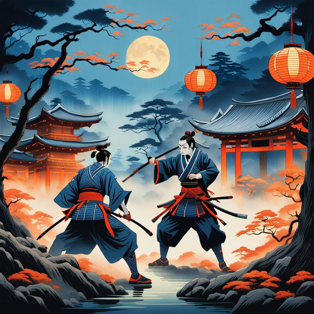 Samurai Defends Geisha From Oni in Ukiyo-e Style