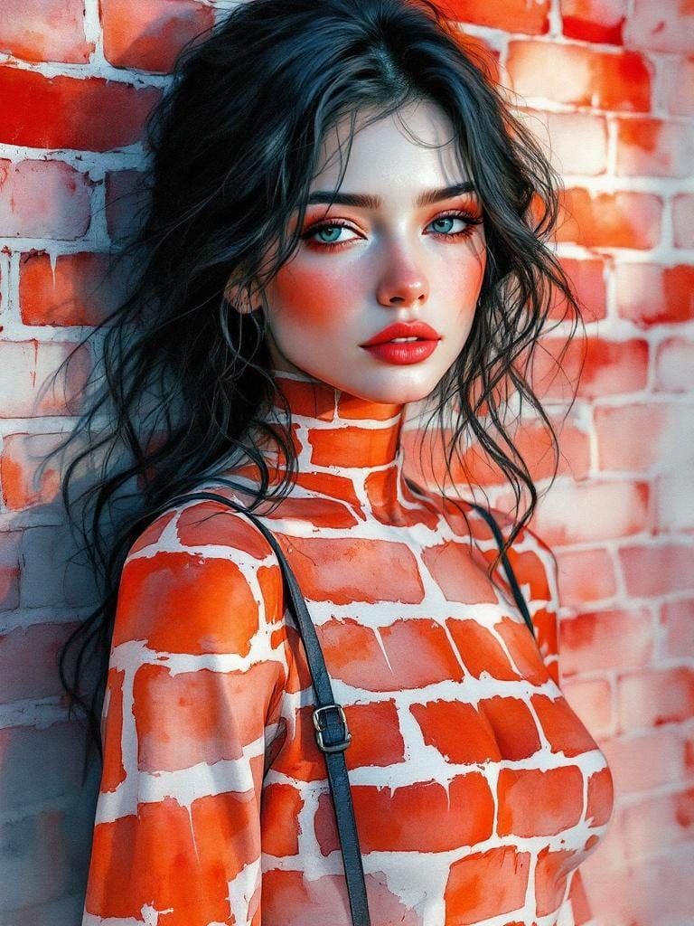 Woman Camouflaged as Brick Wall in Watercolor Style