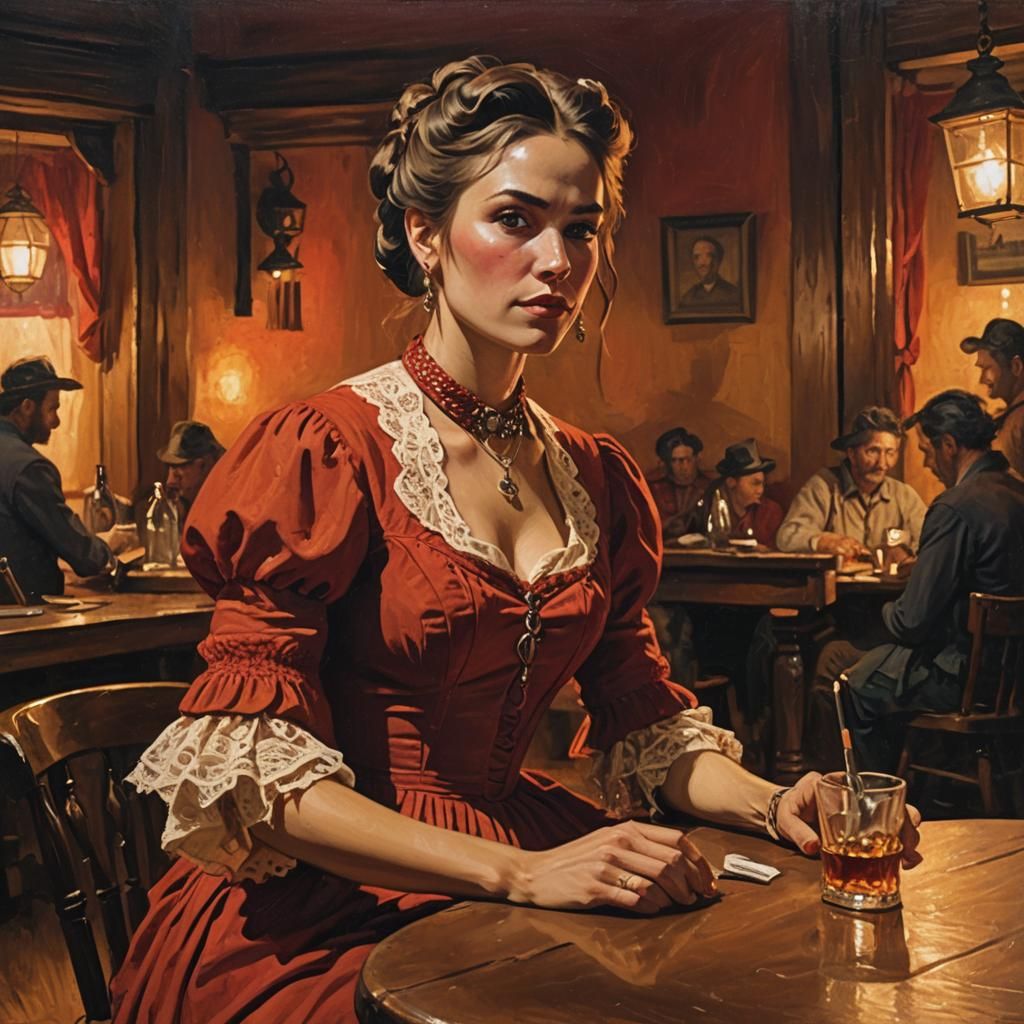 Saloon Girl in Old West Oil Painting