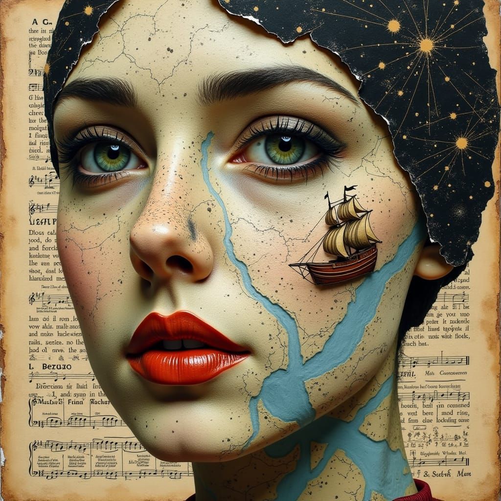 Collage Portrait of Face Assembled from Vintage Ephemera