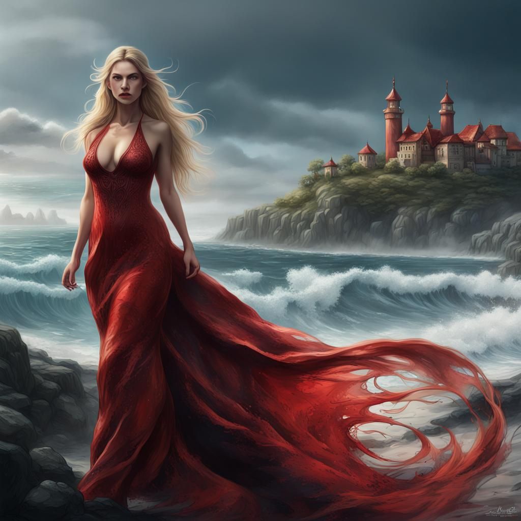 Blonde Woman in Red Dress, Detailed Matte Painting