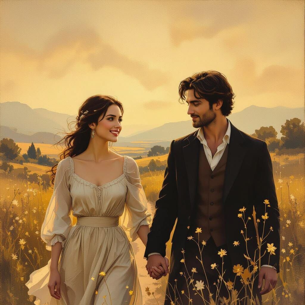 Couple's Serene Walk in Dreamlike Landscape