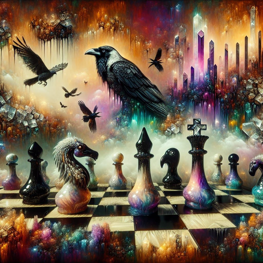 Gothic Chess Set with Glass Animals in Haze