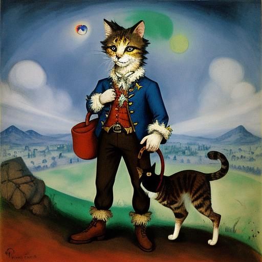Brave Cat Explorer in Chagall and Gainsborough Style