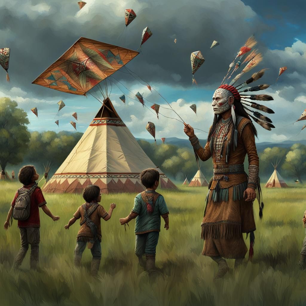 Native American Pinhead Flies Kite: Dark Fantasy Art
