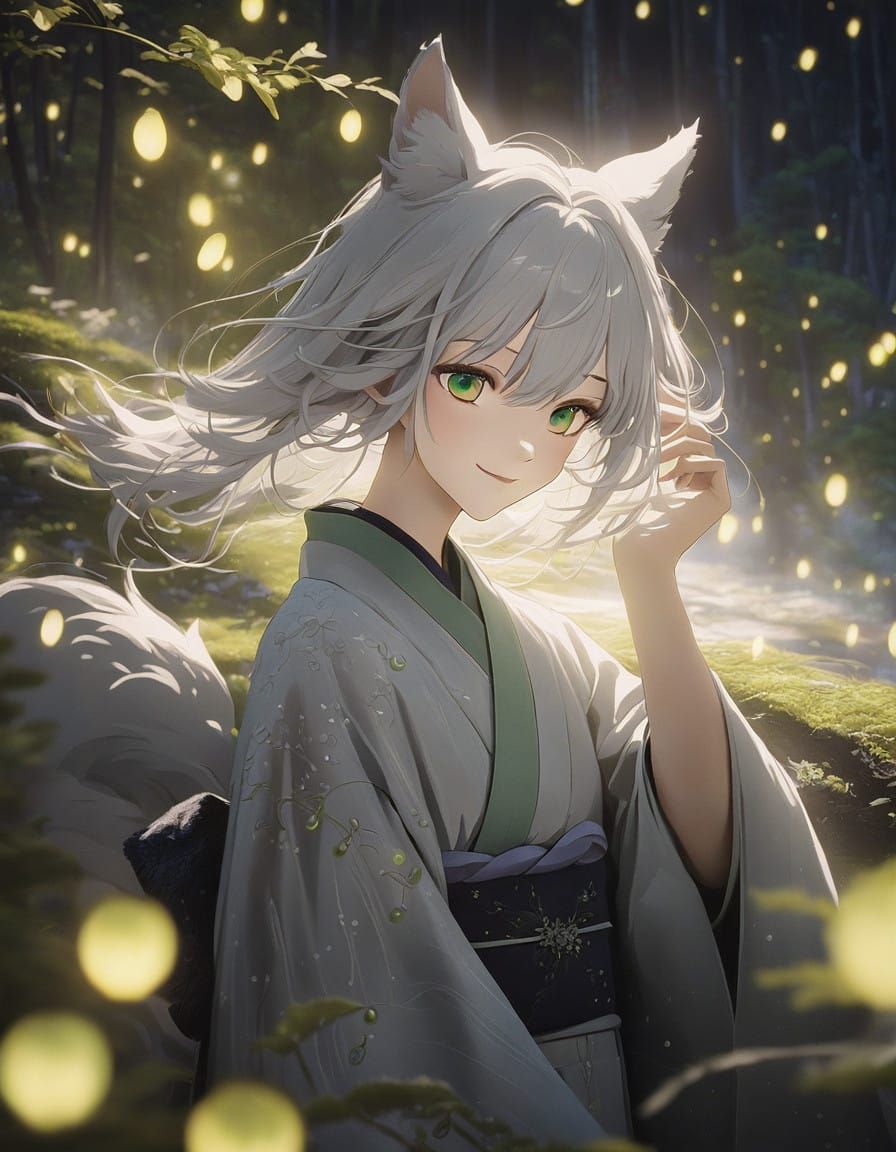 Cute Anime Wolfgirl Strolls Through Fantasy Overlook Under S...