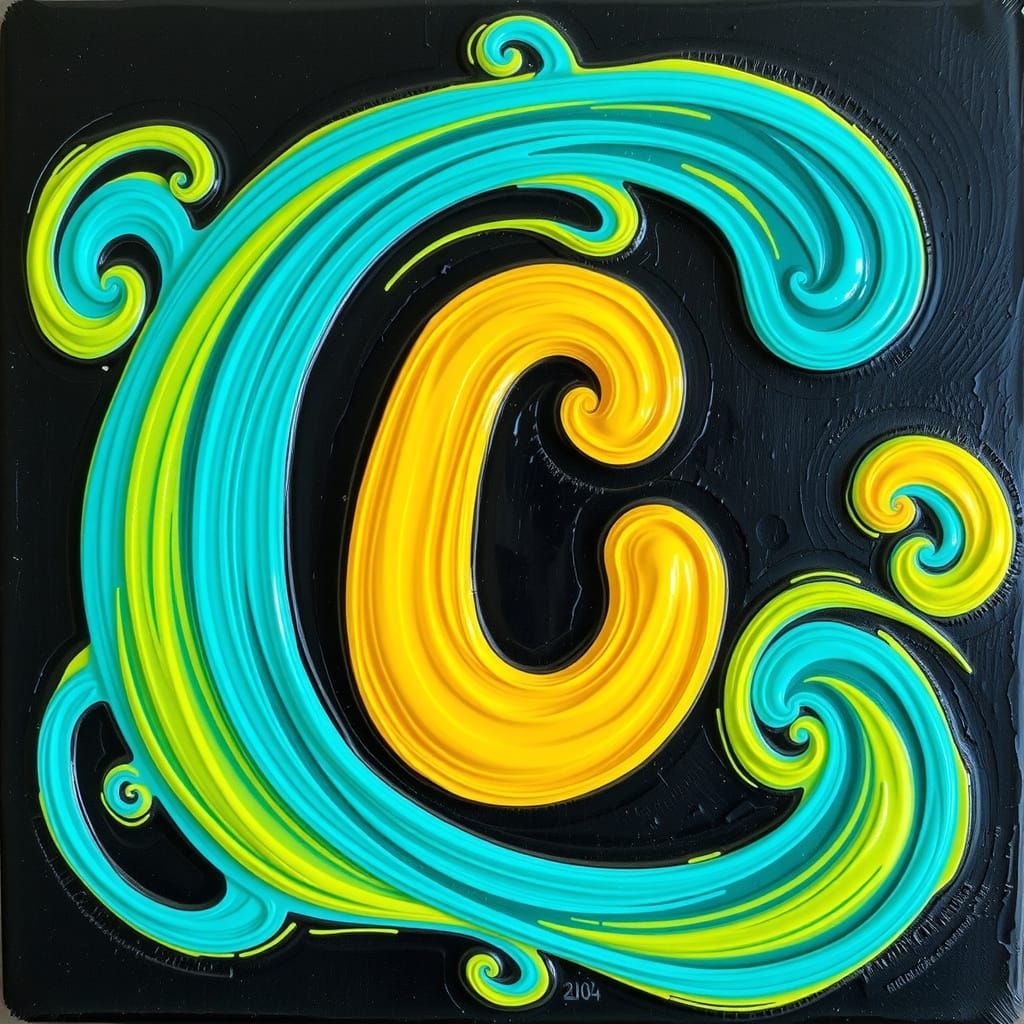 Vibrant Encaustic Painting of CC in Whimsical Script Font