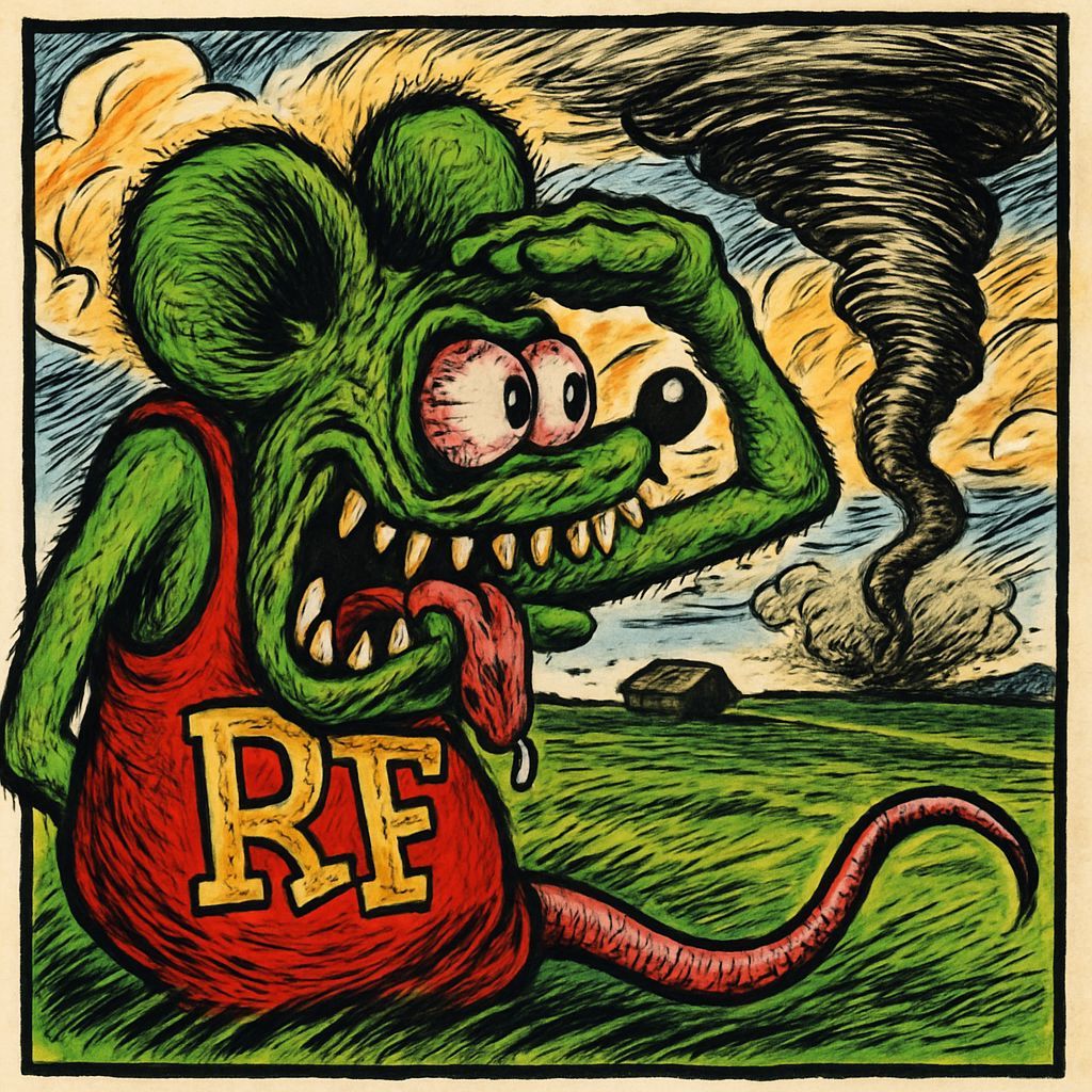 Rat Fink Observes a Grotesque Tornado, Ed Roth Style