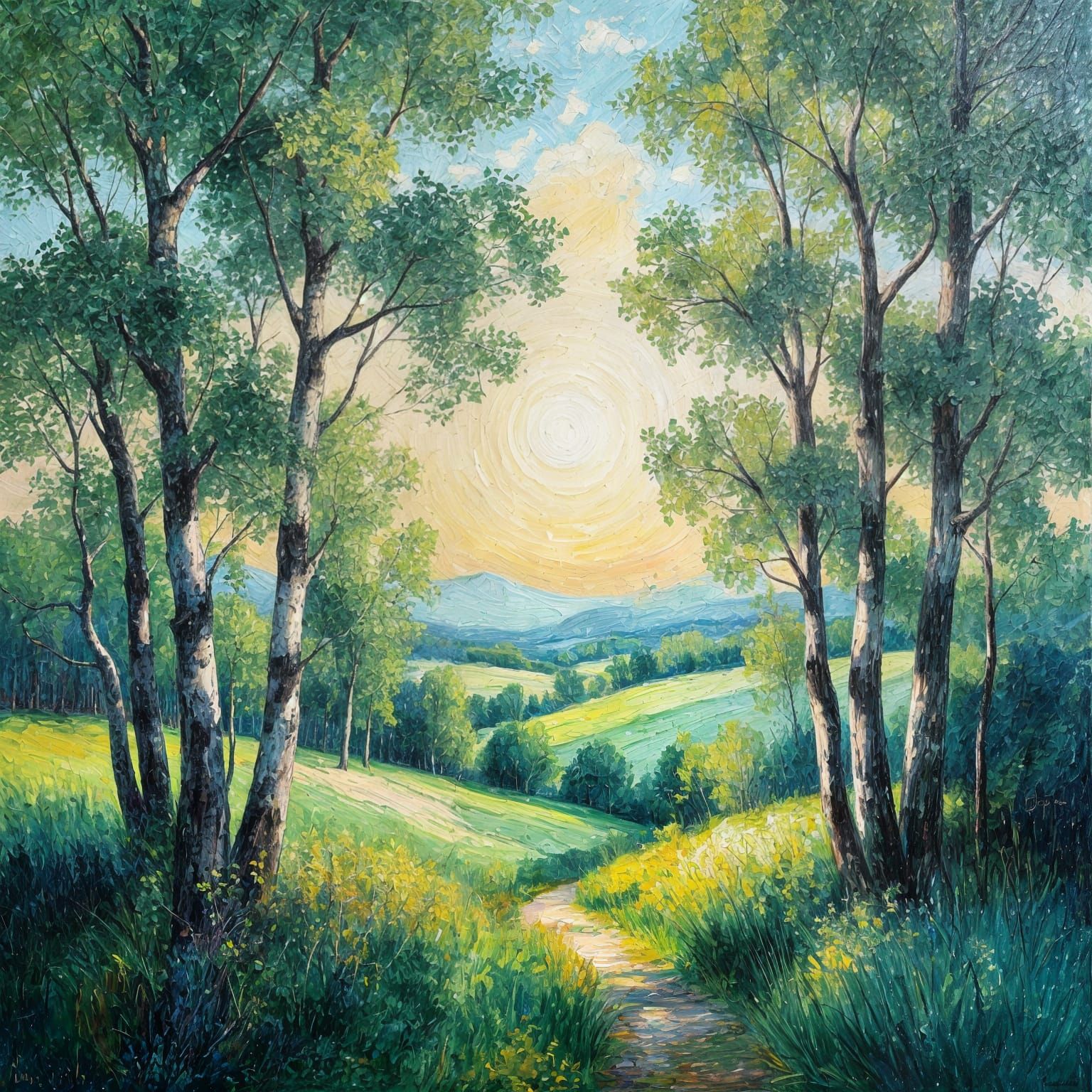 Tranquil Landscape of Trees in Impressionistic Oils