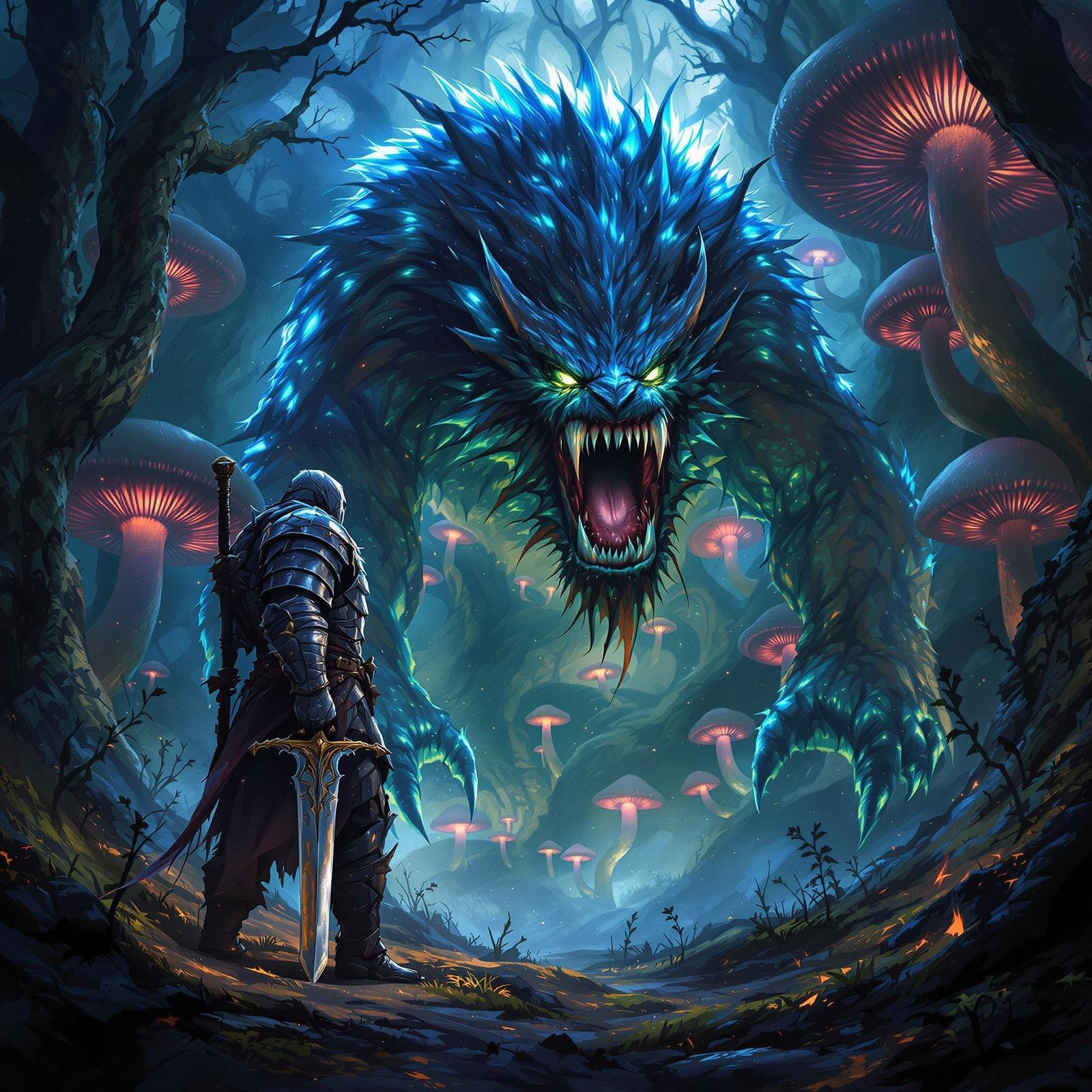 Dark Warrior Faces Majestic Displacer Beast in Twisted Mysti...