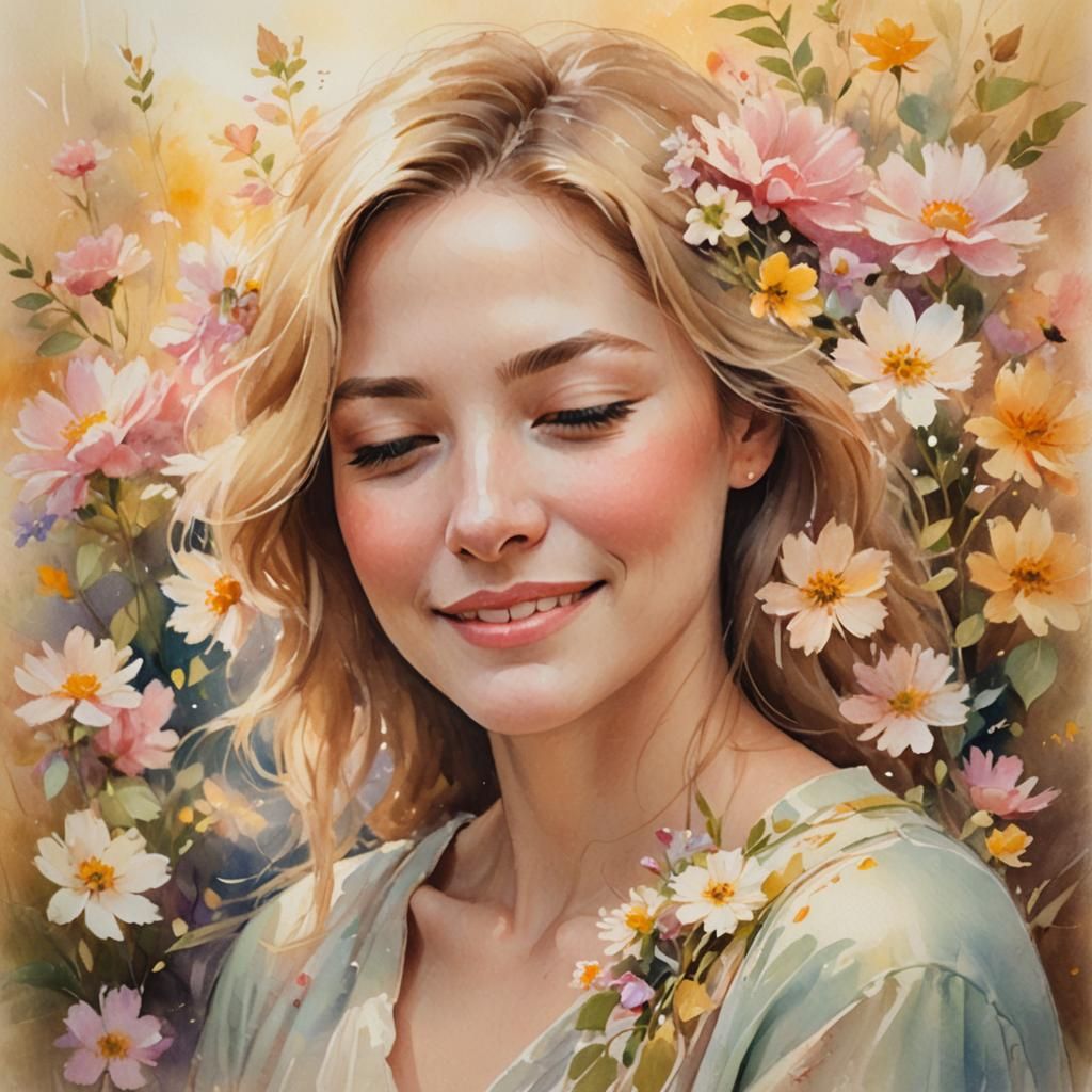 Impressionist Portrait of Woman Surrounded by Flowers