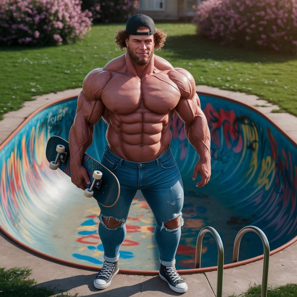 Bodybuilder Skater at Graffiti Pool in Sunlight