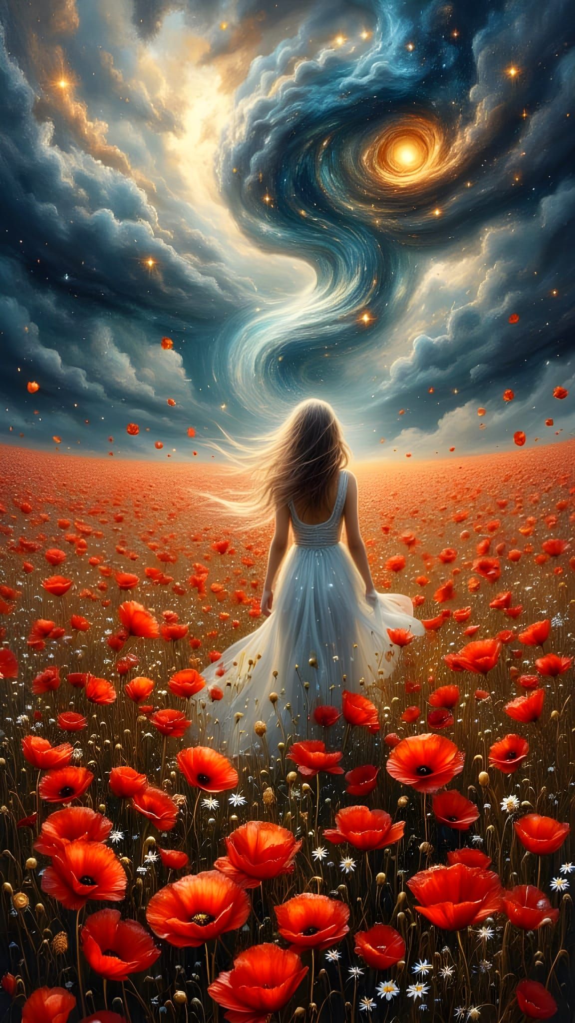 Woman in Poppy Field During Storm, Pre-Raphaelite Style