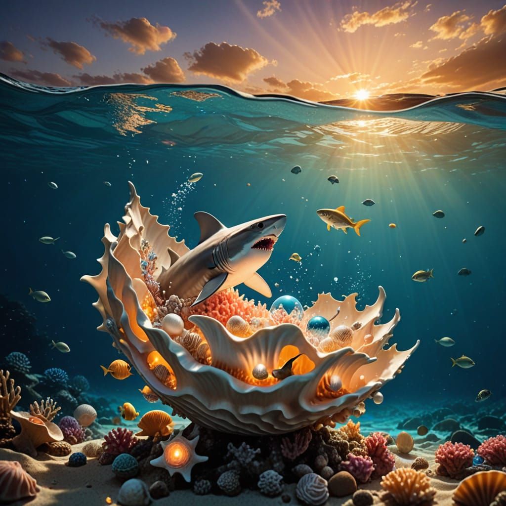 Mystical Pearl Creature Dances in Sunset Ocean Reef