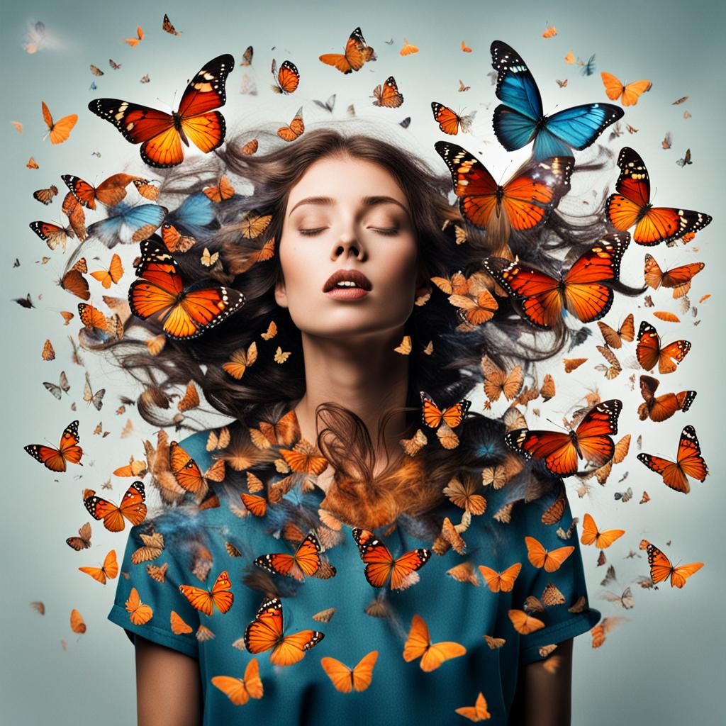 Woman Dissolving into Butterflies: Ethereal Transformation