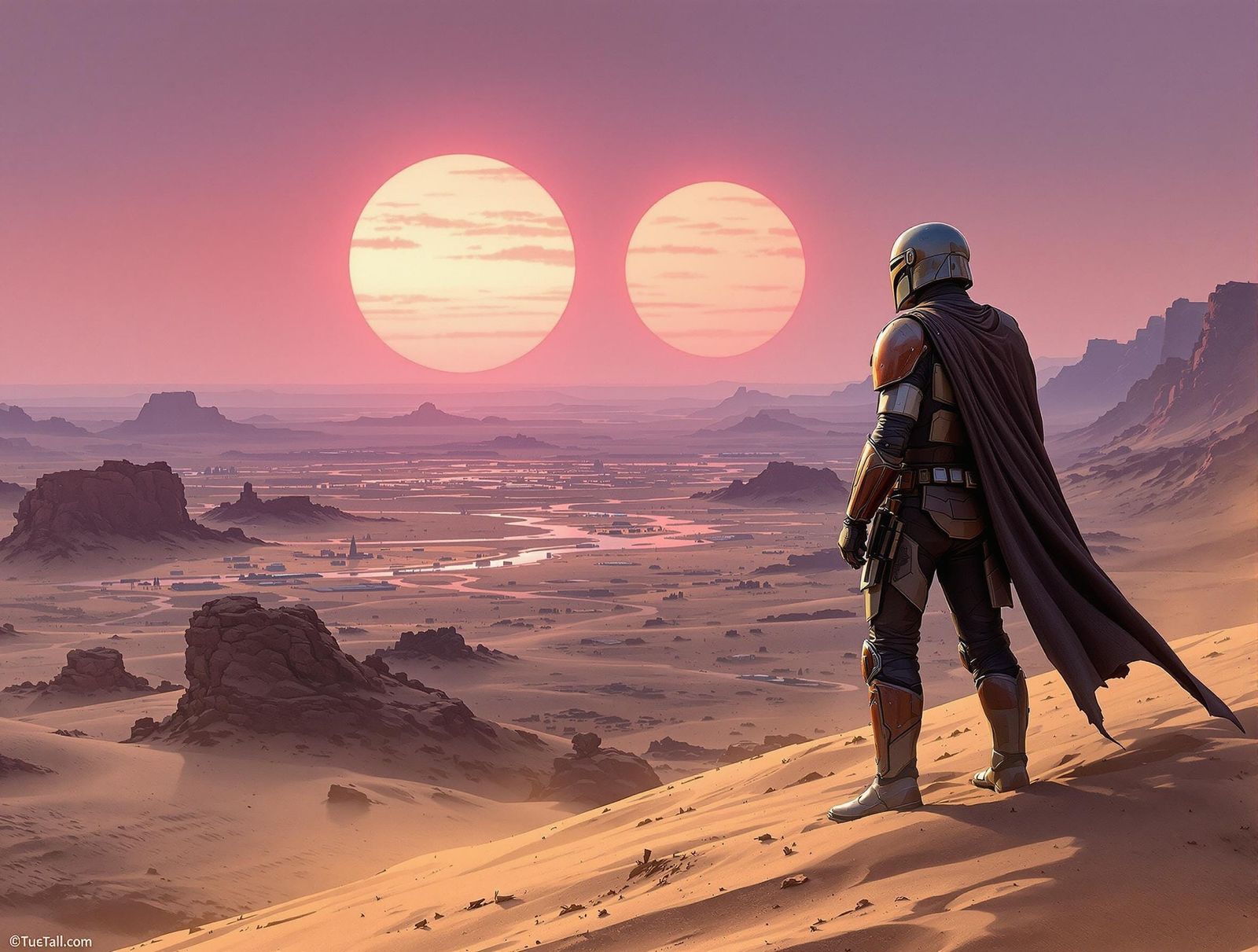 Mandalorian Sunset on Tatooine: A Cinematic Landscape
