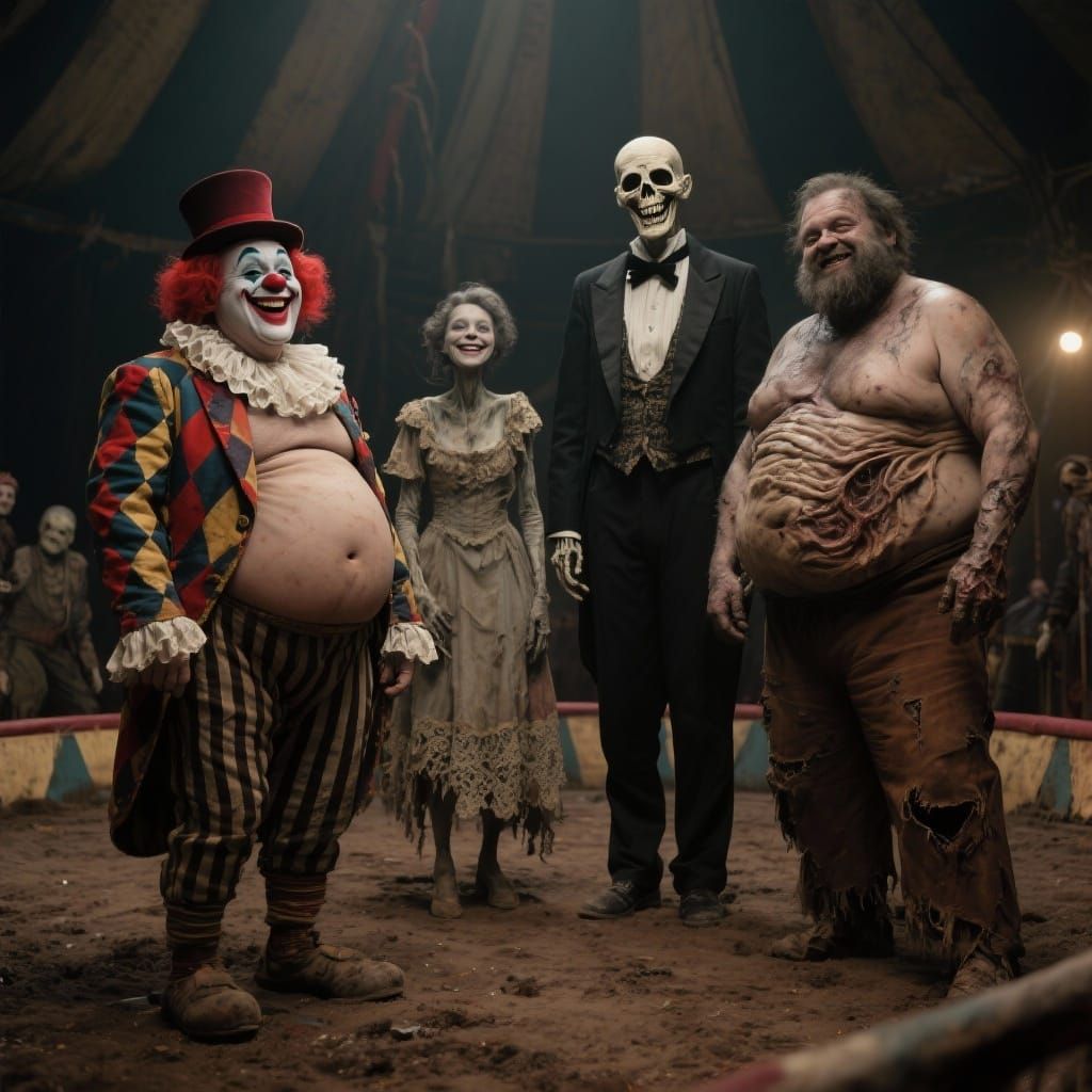 Grotesque Circus Performers in Dimly Lit Big Top