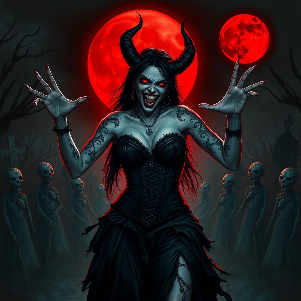 Vampire Sorceress in Gothic Cemetery, Surreal Art