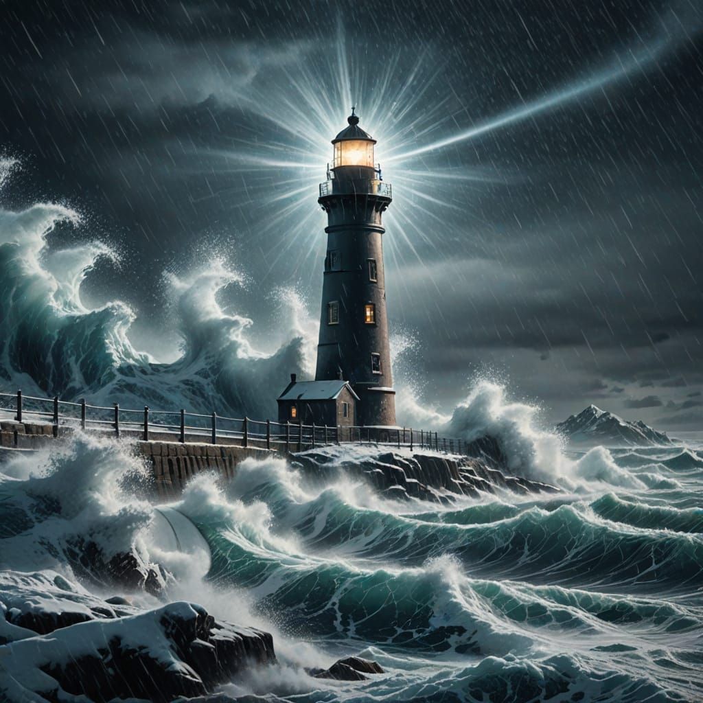 Cinematic film still. A snow-covered lighthouse stands sentinel against the raging winter sea, its beam cutting through ...