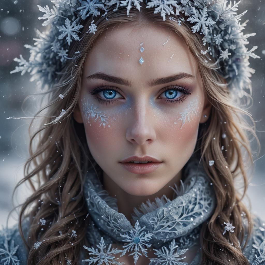 Ice Girl Portrait with Falling Snowflakes