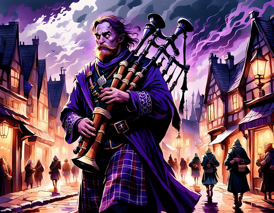 Medieval Bagpiper Terrifies Town in Dark Fantasy Art