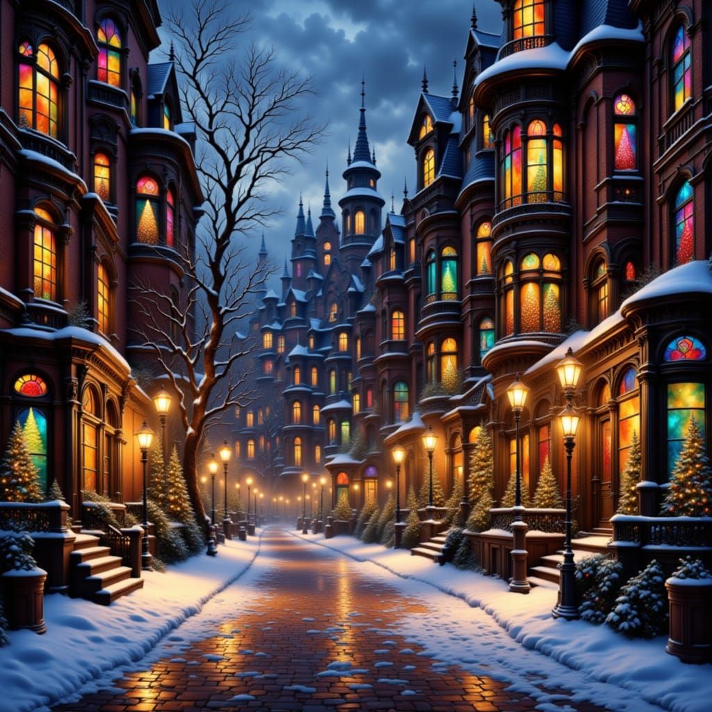 Victorian Christmas Street in Oil Painting Style