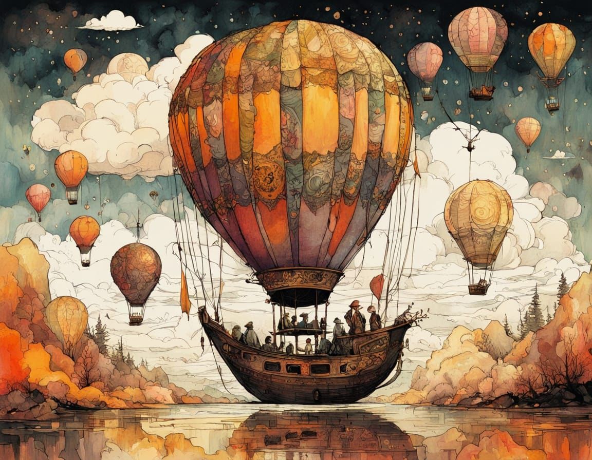 Hot Air Balloon in Abstract Alcohol Ink Sunset