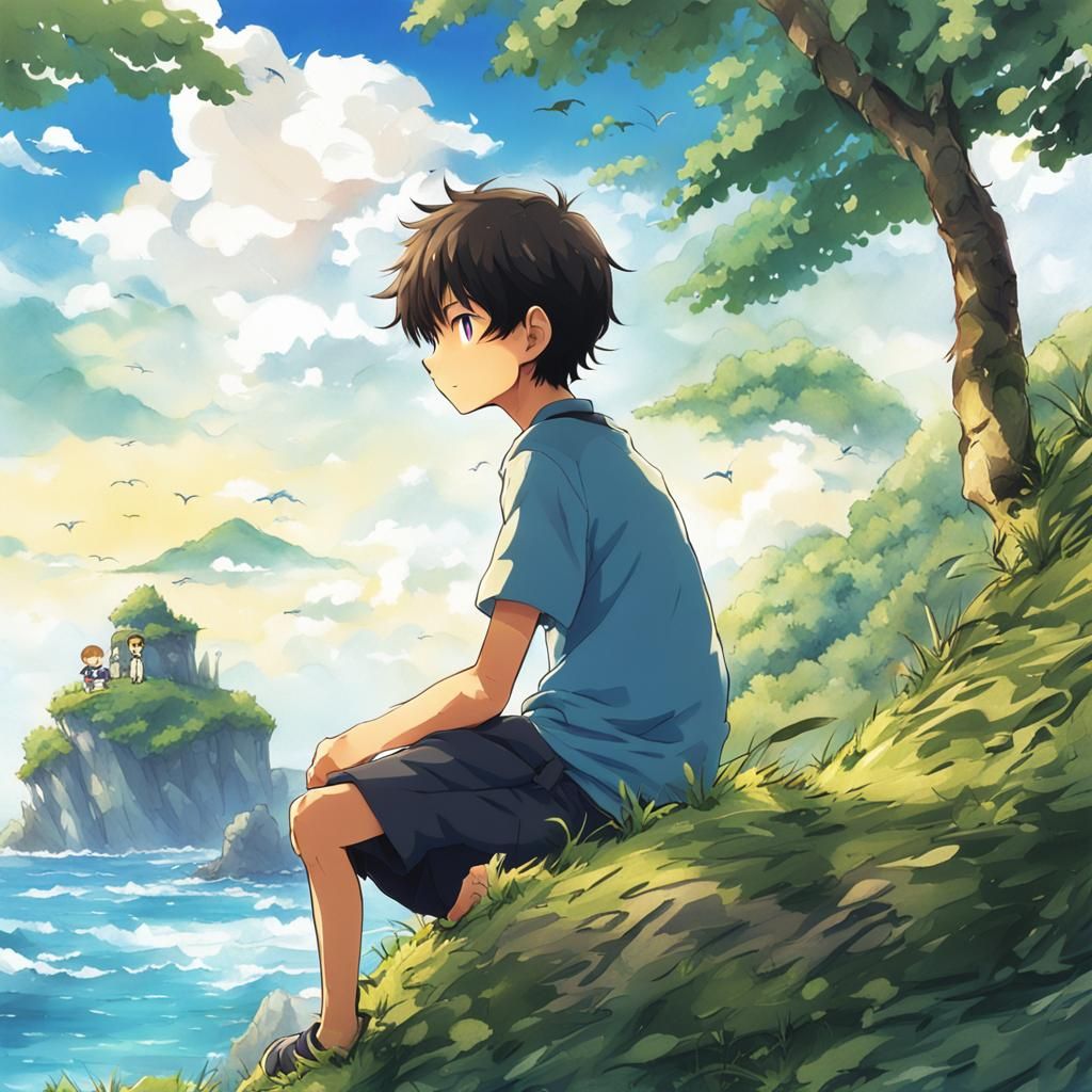 Anime Boy on Island Gazing into Distance