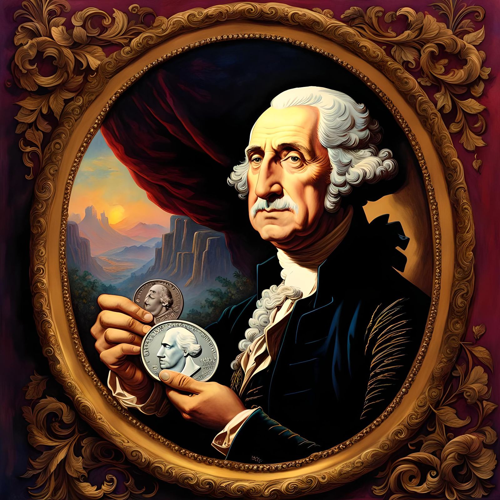 George Washington Holding Quarter: Ink and Watercolor Art