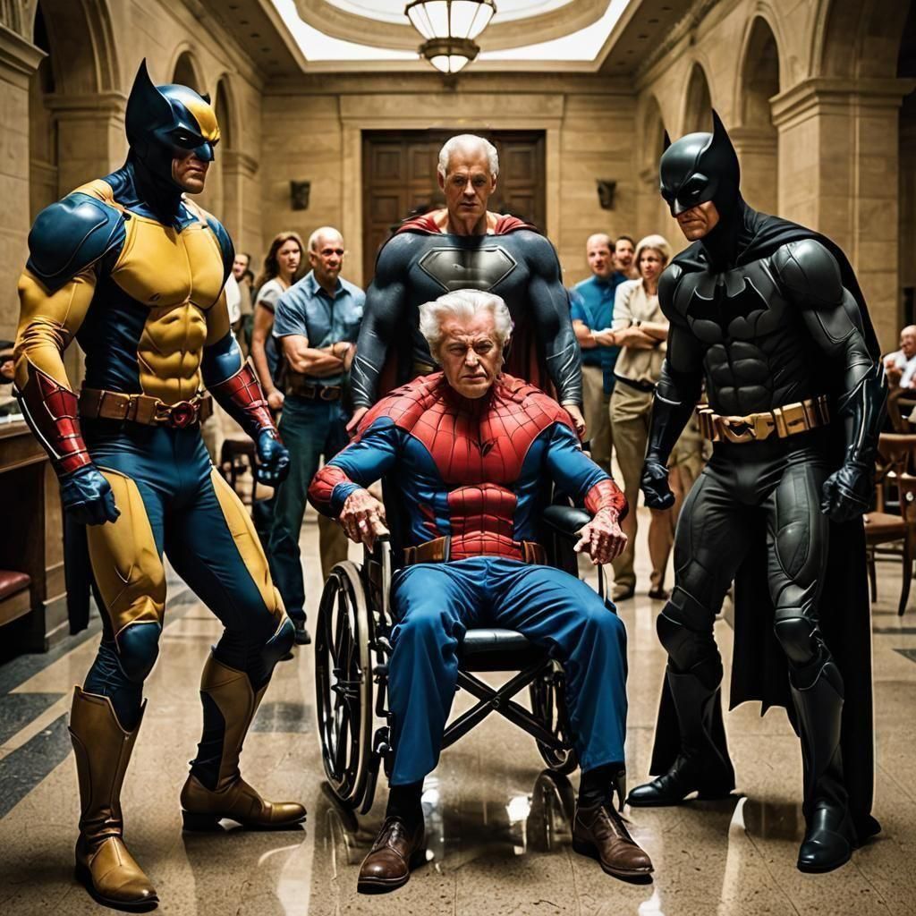 Spiderman depicted as elderly superhero, doing group therapy...