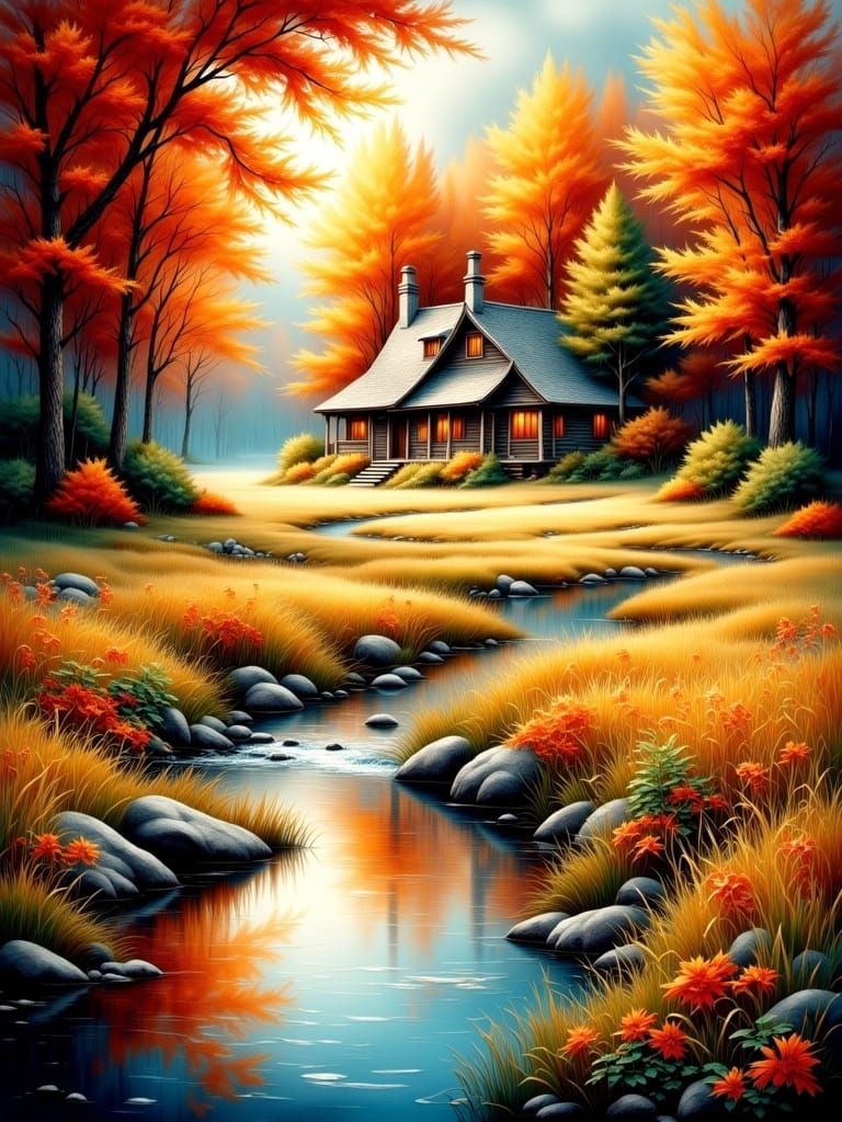 Autumn Cabin in Meadow: Detailed Matte Painting