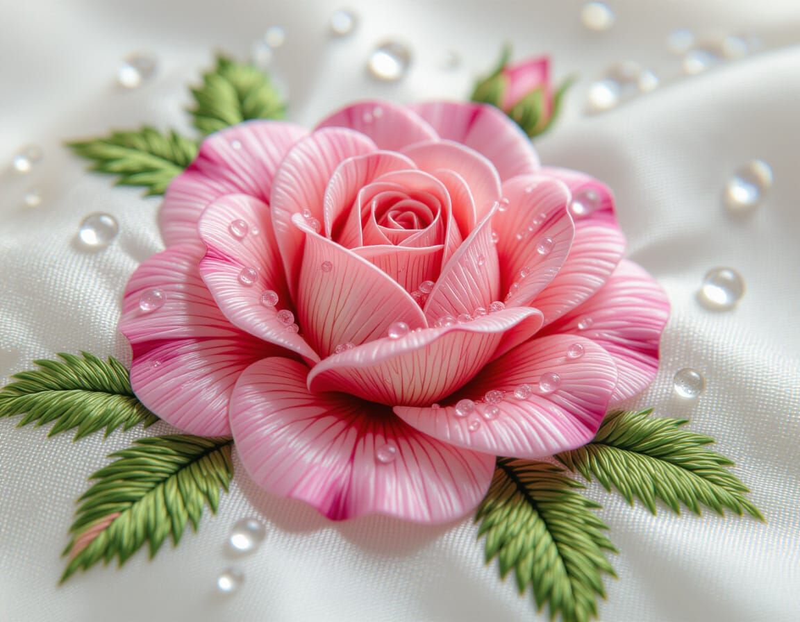 Intricate Rose Embroidery with Dew Drops on Silk