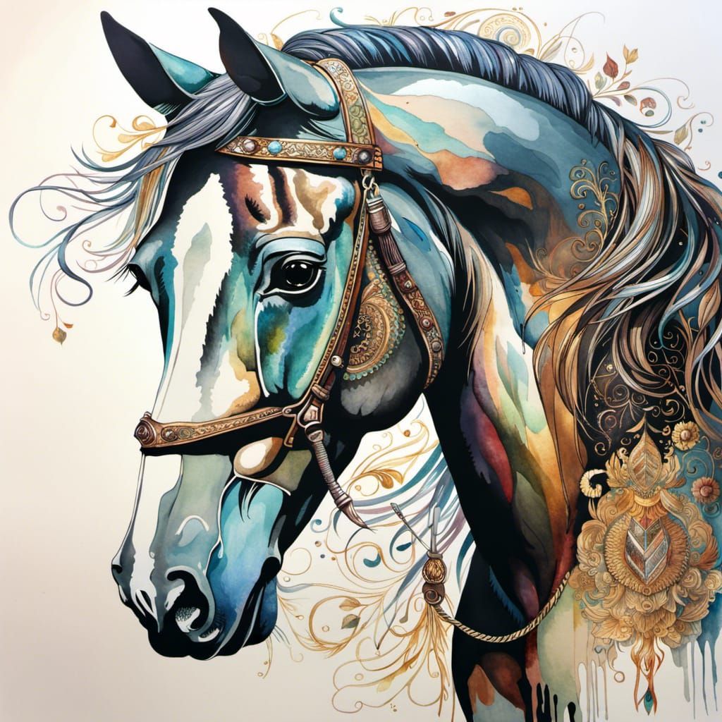 Iridescent Watercolor Horse Portrait with Silver Outlines
