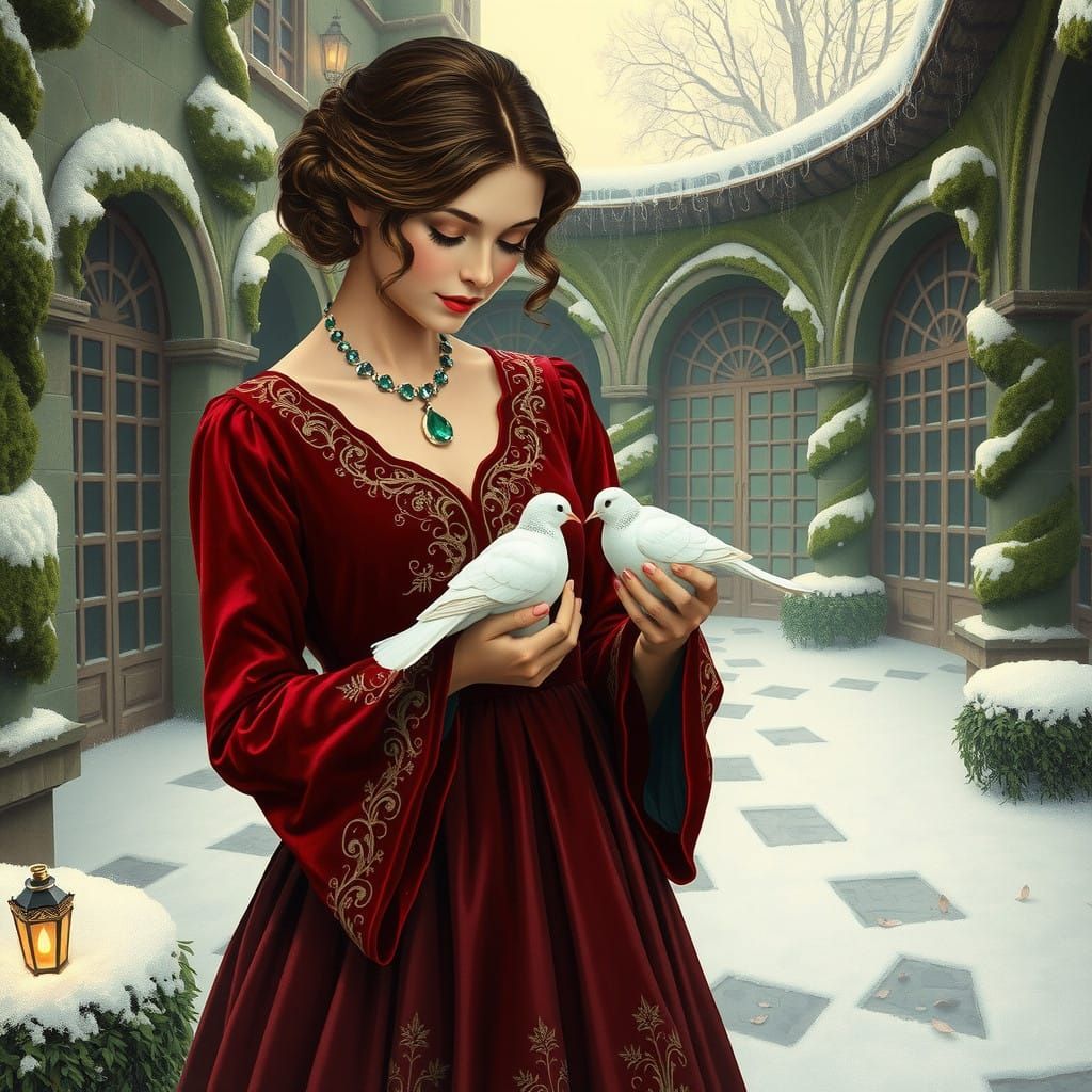 Victorian-Era Gentlewoman with Snow-White Turtle Doves