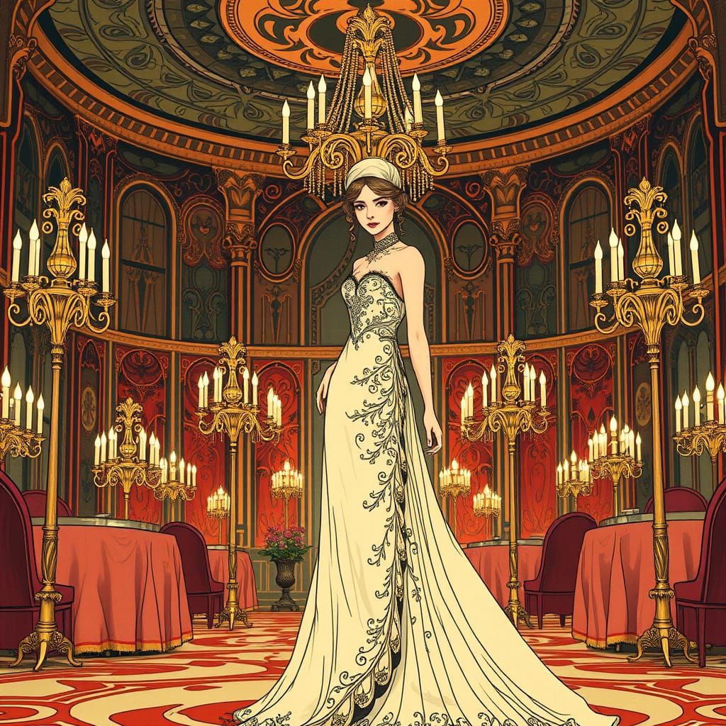 Elegant Woman in Ballroom, Art Nouveau Style