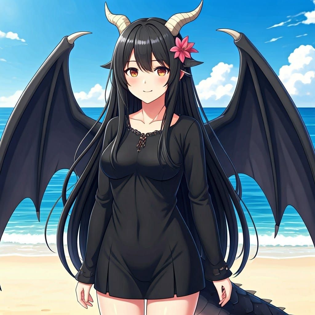 Anime Dragon Woman on the Beach with Flower Hairpin
