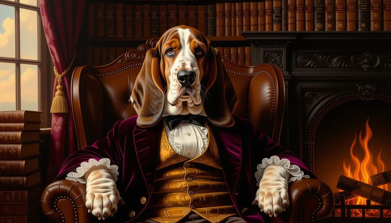 Regal Basset Hound in Antique Study Oil Painting