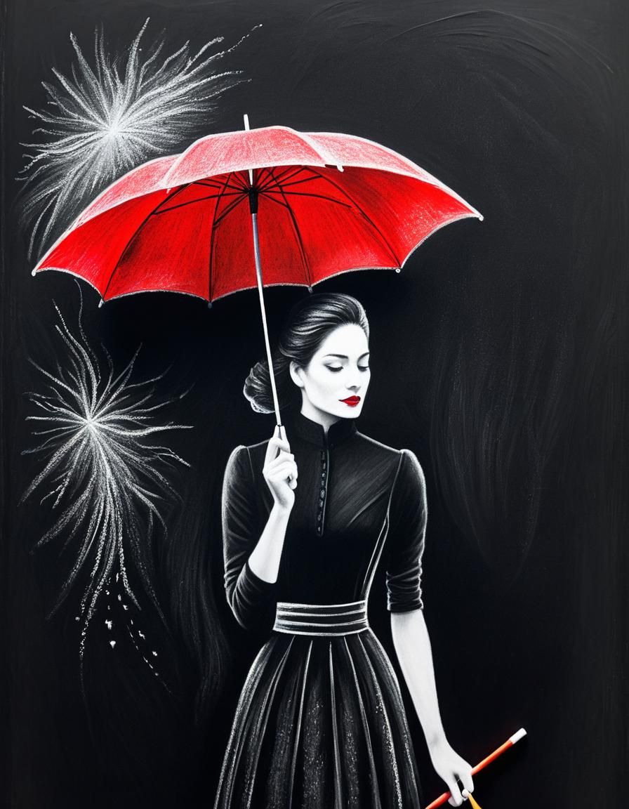 Red Umbrella Charcoal Drawing on Blackboard
