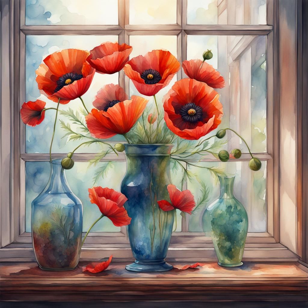 Watercolor Poppies in Vase by Window
