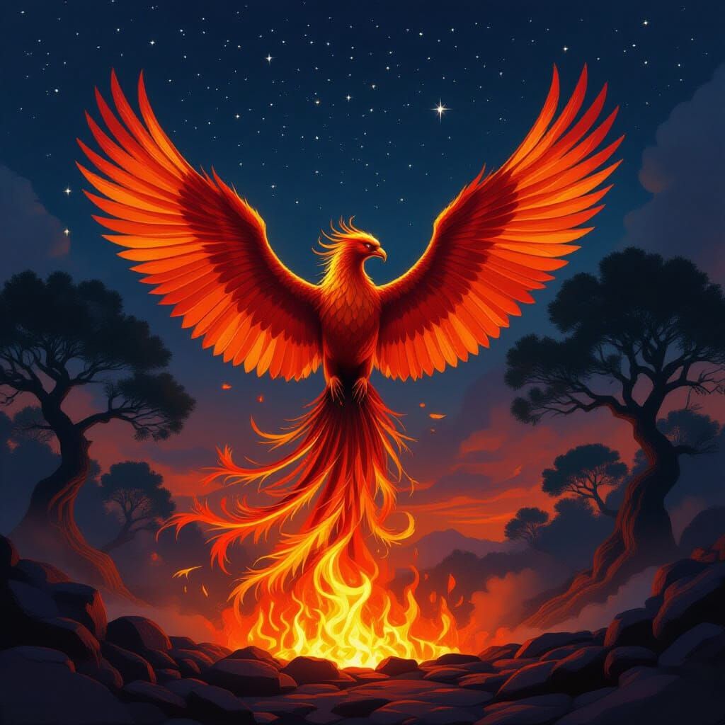 Majestic Phoenix Rises from Embers in Fantasy Art Style