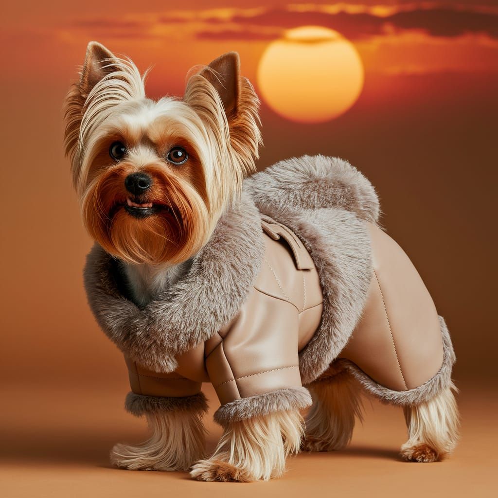Yorkshire Terrier in Luxurious Handcrafted Fur Suit against ...
