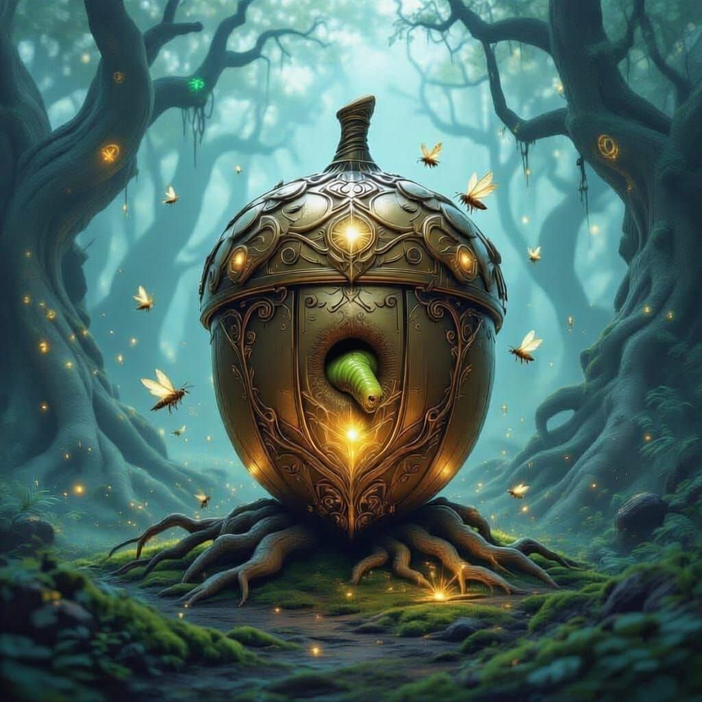 Brass Acorn in Bioluminescent Forest, Steampunk Enchantment