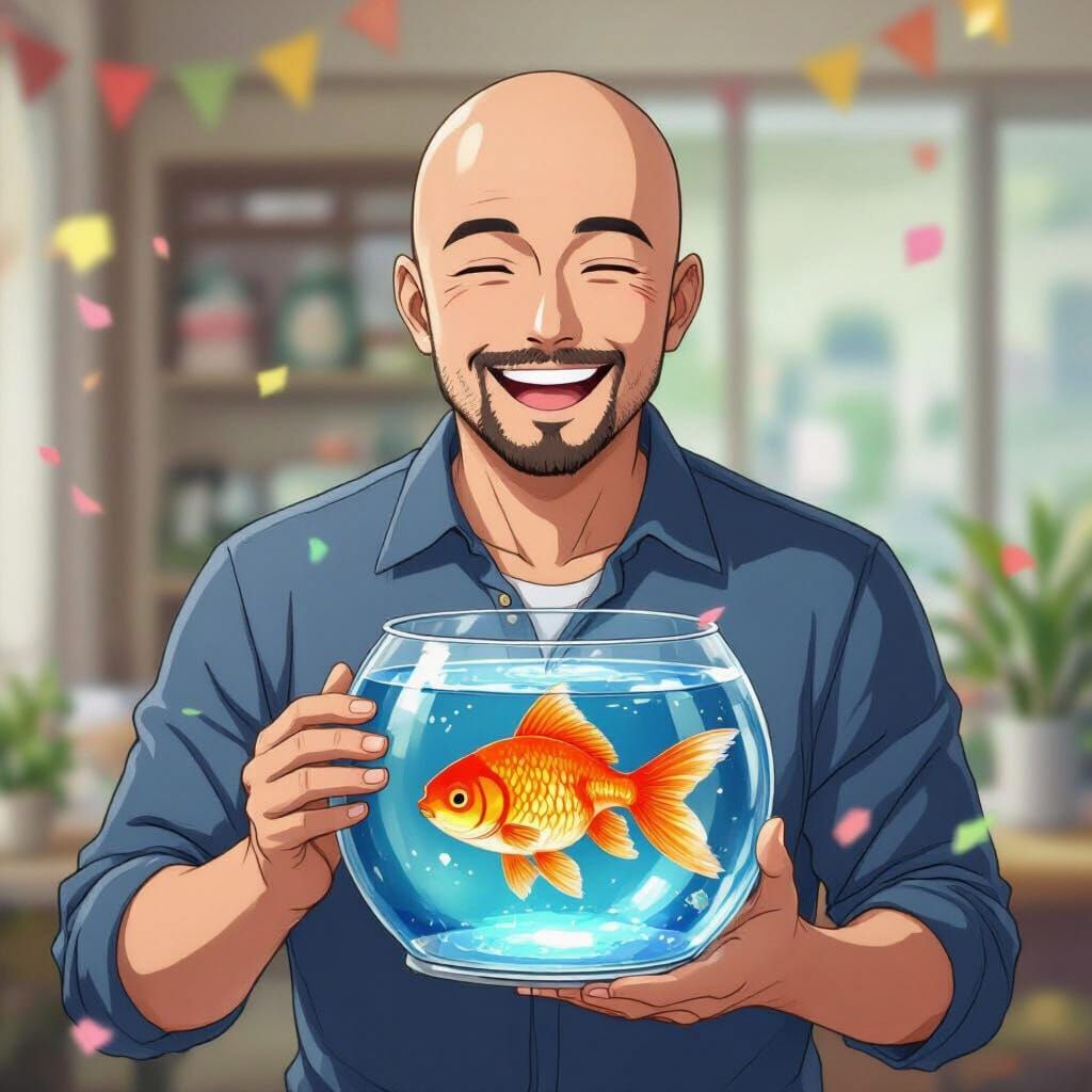 Bald Asian Man Celebrates Birthday Holding Goldfish Tank